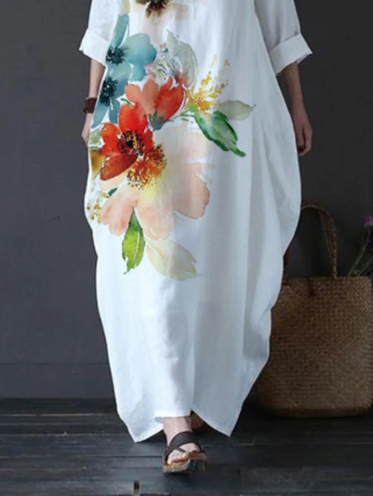 New Floral Print Large Loose Cotton Linen Dress Summer Maxi Dress™