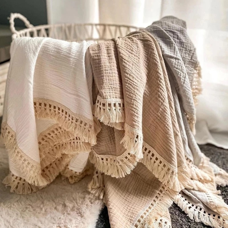 Newborn Baby Bliss™️ Tassel Receiving Blanket Muslin 100% Pure Cotton