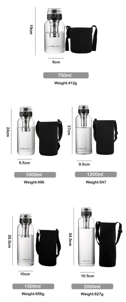 Glass Water Bottle Outdoor Travel Portable Drinking Drinkware Coffee 1000ML