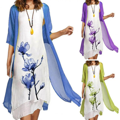 Autumn Flower Print Dress Coat Irregular Hem Dress Cardigan™ 2Pcs/Set