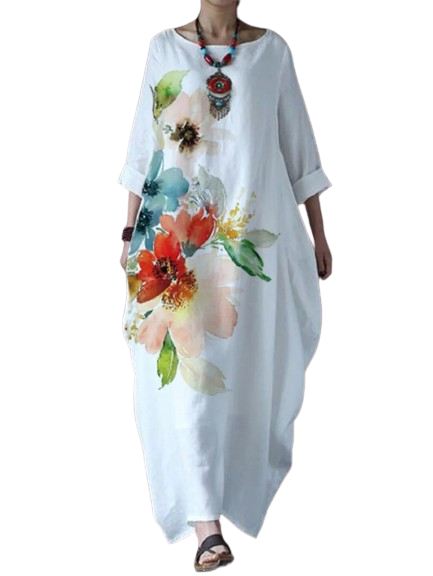 New Floral Print Large Loose Cotton Linen Dress Summer Maxi Dress™