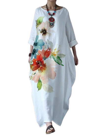 New Floral Print Large Loose Cotton Linen Dress Summer Maxi Dress™