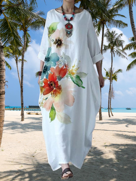 New Floral Print Large Loose Cotton Linen Dress Summer Maxi Dress™